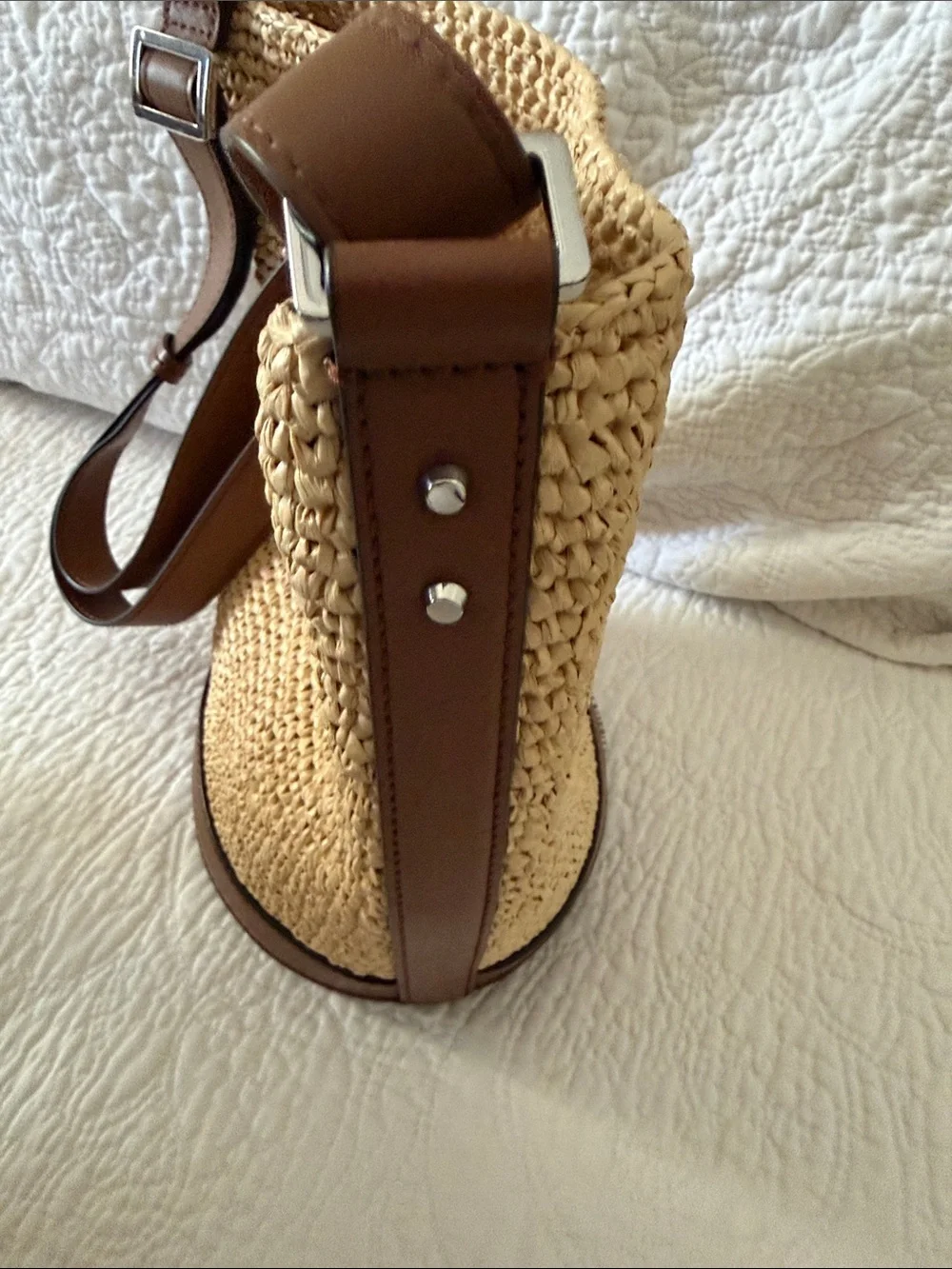 Michael Kors Natural Straw Bucket Shoulder Bag with Brown Leather Trim